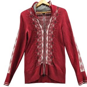 Eddie Bauer Women's Red Fair Isle Snowflakes Full Zip Sweater Combed Cotton S